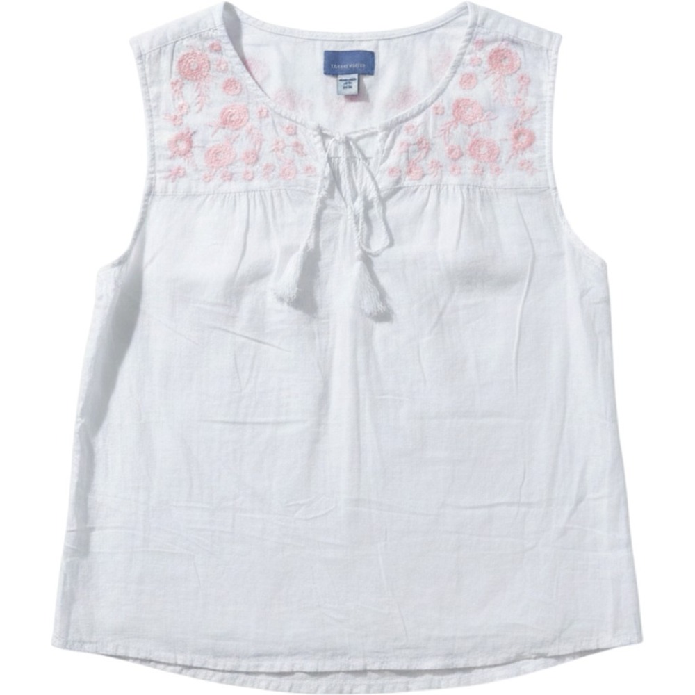 Laura Scott Womens XL White Cotton Embroidered Sleeveless Tassel Tie Blouse Top